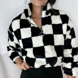 Salty Savage checkered fluffy faux fur quarter zip pullover size small oversized